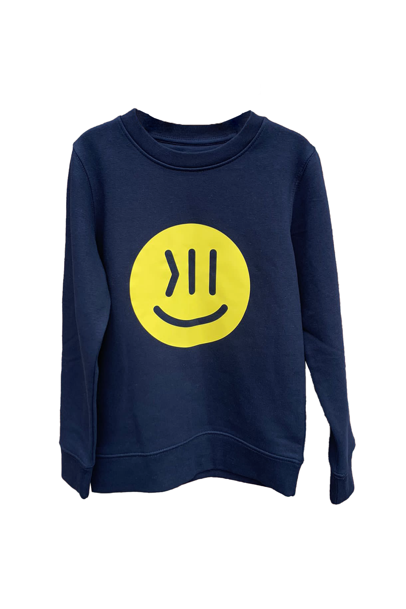 Ein Sweatshirt für Kinder in einem dunklen Blauton. Der Sweater heißt Elia.  Auf der Brust ist der isociety Smiley in ca. 18 cm Durchmesser zu sehen.