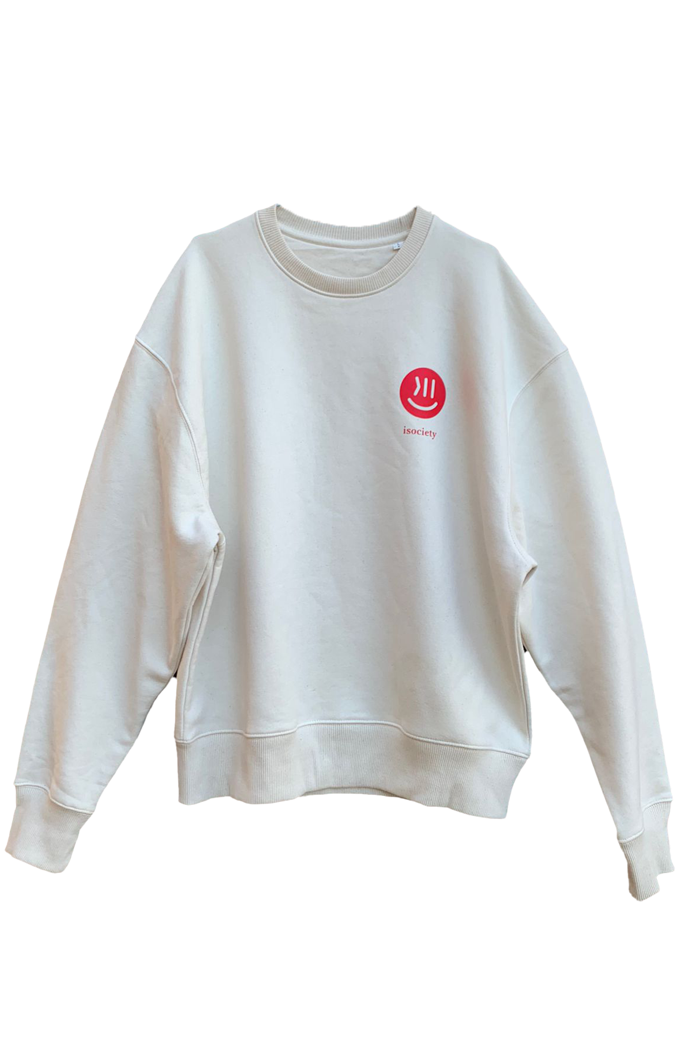 Der Sweater für Erwachsene mit dem Namen Jona von vorne. Jona ist in naturweiß vor einem weißen Hintergrund abgebildet. Jona hat eine sehr lässige Passform. Auf der Brustseite ist der Smiley von isociety in leuchtendem rot aufgedruckt. Unter dem Smiley ist die Schrift isocitey zu sehen. 