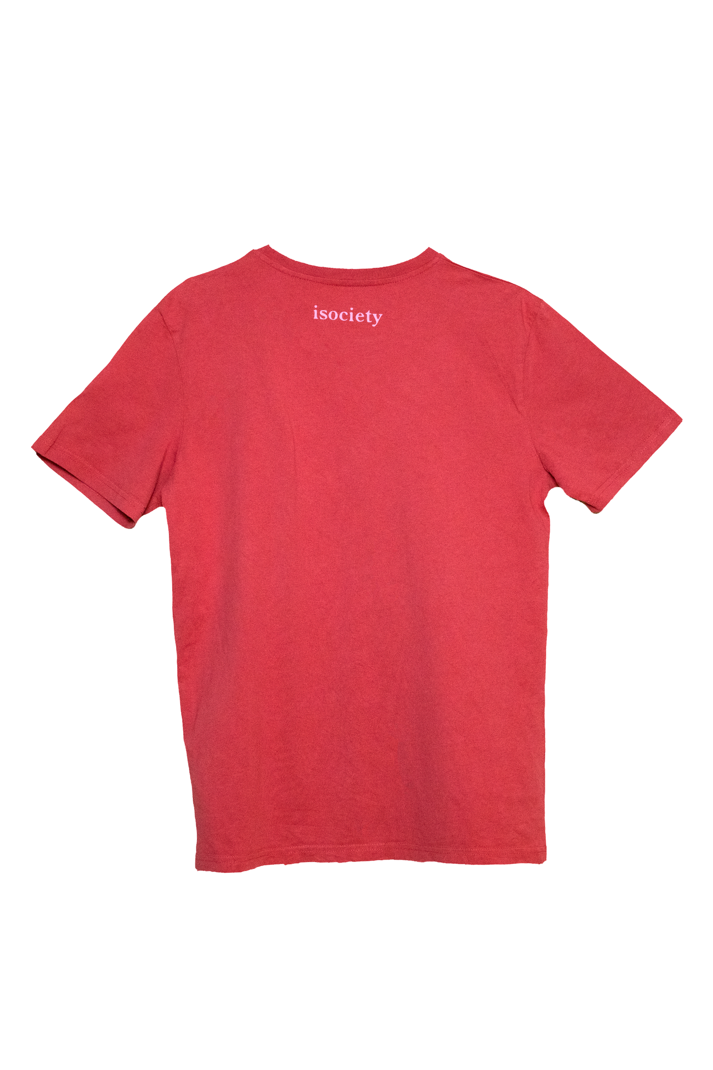 Das T-Shirt für Erwachsene mit dem Namen Maxi von hinten. Maxi hat die  Farbe Carmine Red. Im Nackenbereich ist die Schrift isociety zu erkennen. 
