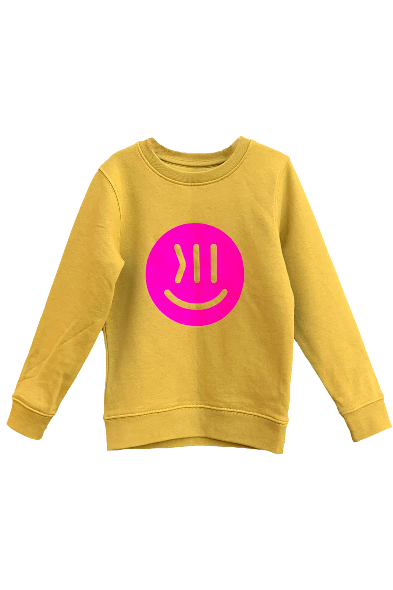 Ein Sweatshirt für Kinder in der Farbe ochre. Der Hintergrund ist weiß. Der Sweater heißt Kim und ist hier von vorne zu sehen. Auf der Brust ist der isociety Smiley in leuchtendem pink zu sehen. Die Farben wirken sehr knallig und lebendig.  